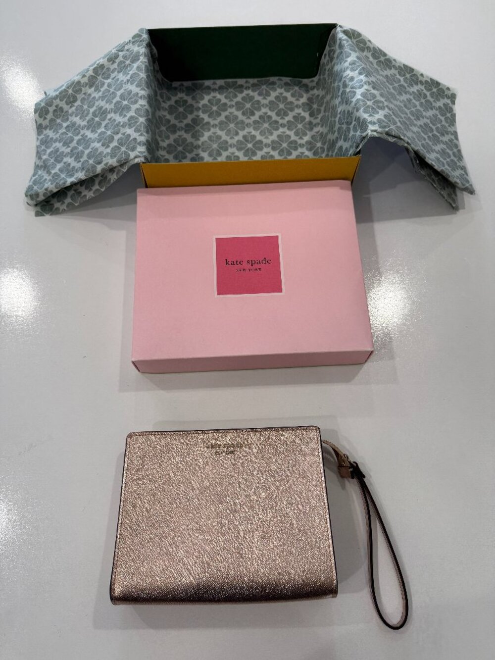 Kate Spade Spencer Metallic Wristlet in Rose Gold with Box